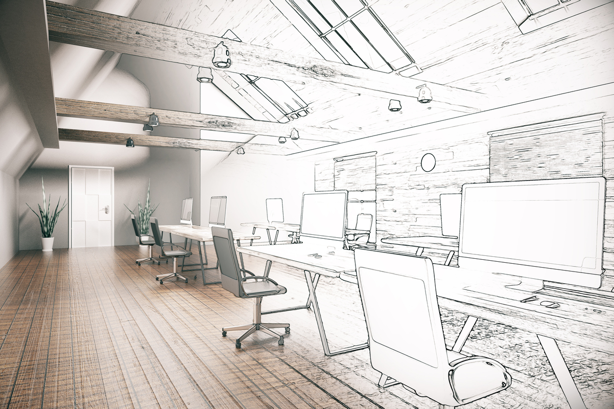 Unfinished project of country style coworking office interior. 3D Rendering